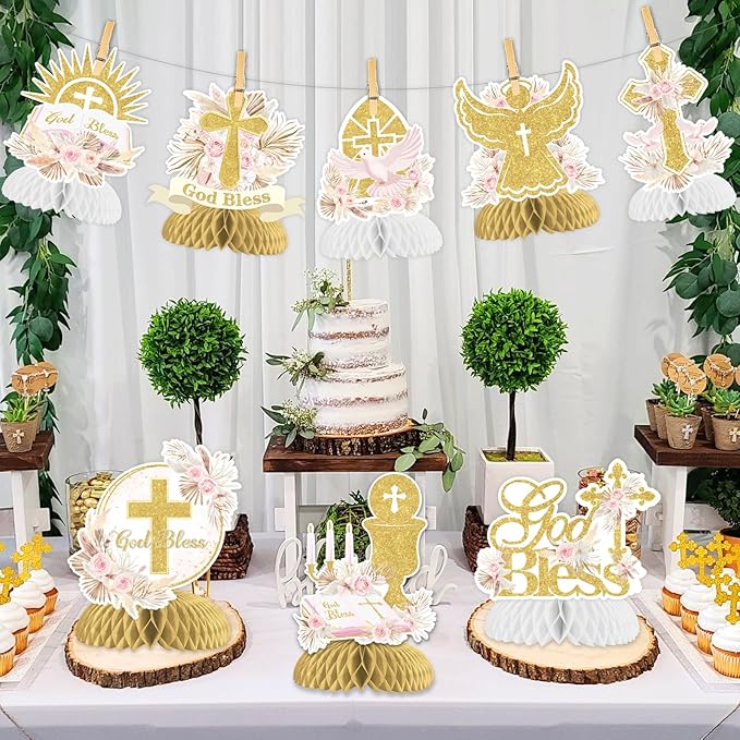 8 Pieces Baptism Honeycomb Centerpieces for Girls Pampas Grass