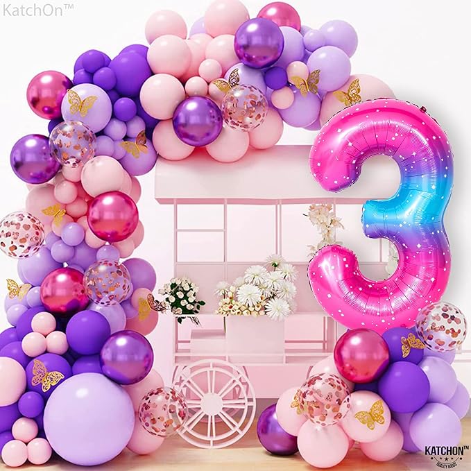 KatchOn, Rainbow 40 Inch 3 Balloon - Pink Blue | 3rd Birthday