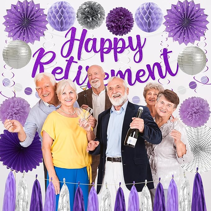 Retirement Party Decorations Women Purlpe Glitter Happy Retirement