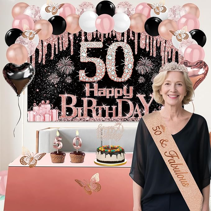 50th Birthday Decorations for Women 49pcs Black Rose Gold Black