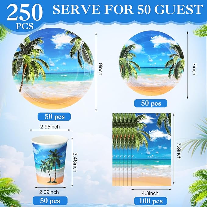 250 Pcs Tropical Beach Party Decoration Summer Paper Plates Napkins