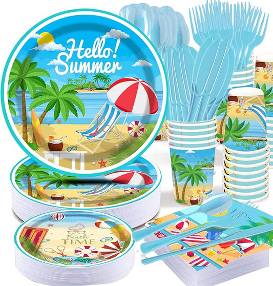 177 pcs Beach Party Supply Disposable Tableware Set with Tablecloth