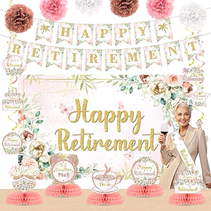 Pink Floral Retirement Party Decorations for Women Happy Retirement