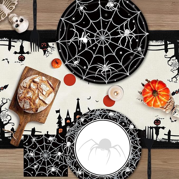 96 Pieces Halloween Tableware Set Spider Web Themed Disposable Party