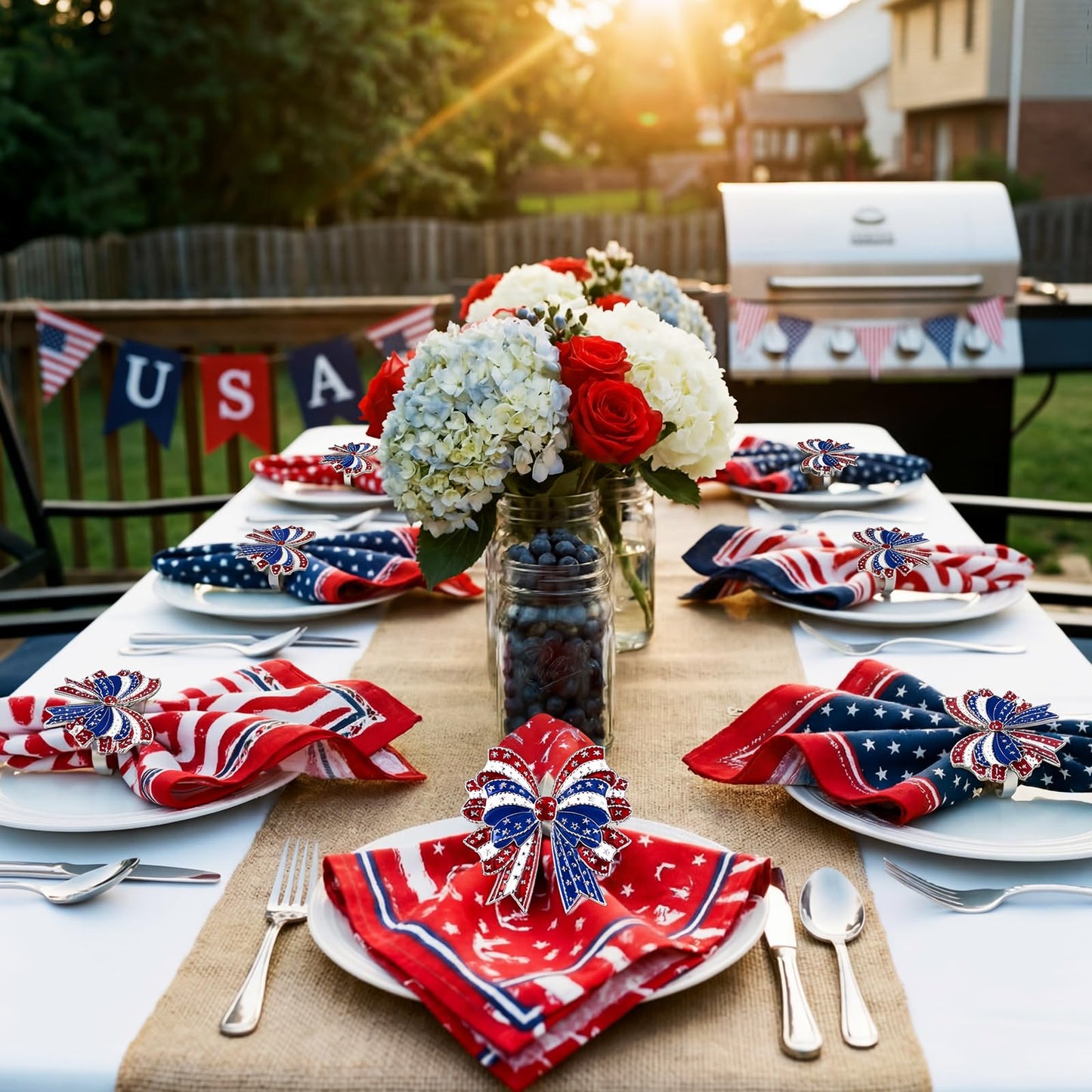 Geiserailie 6 Pieces Patriotic Napkin Rings 4th of July Bow Napkin