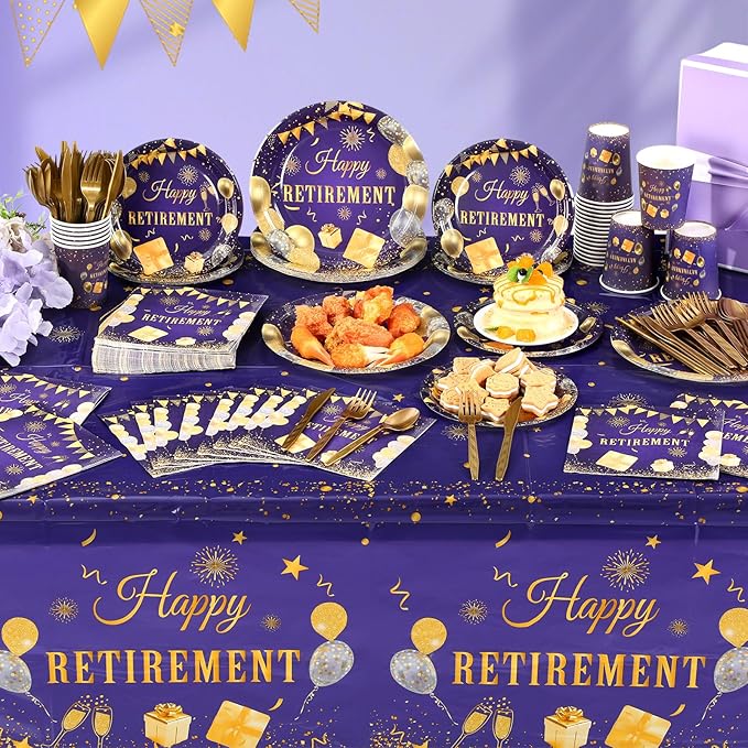 194 Pcs Purple Gold Happy Retirement Party Decorations Supplies
