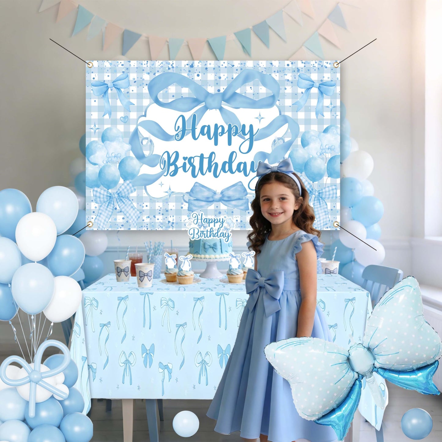 Blue Bow Birthday Decorations for Girls, Coquette Party Supplies with