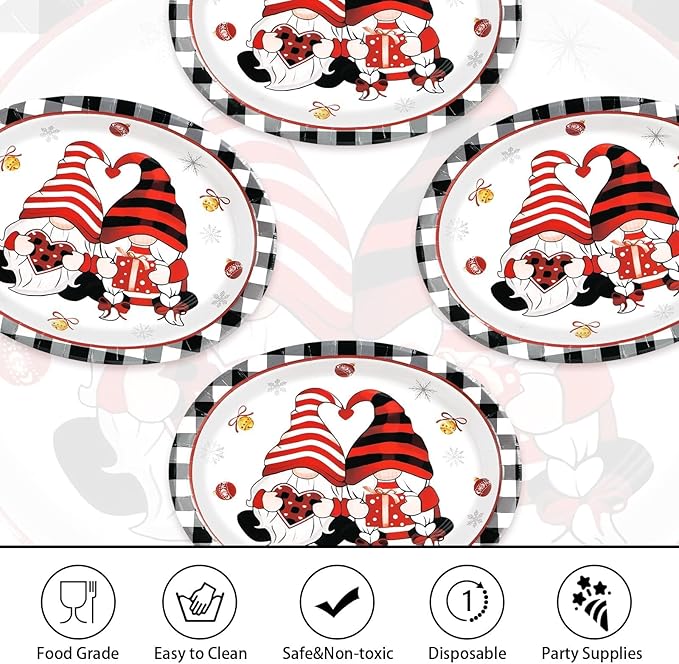 50 PCS Valentine's Day Oval Paper Plates 10 x 12 Gnomes Heart Plates