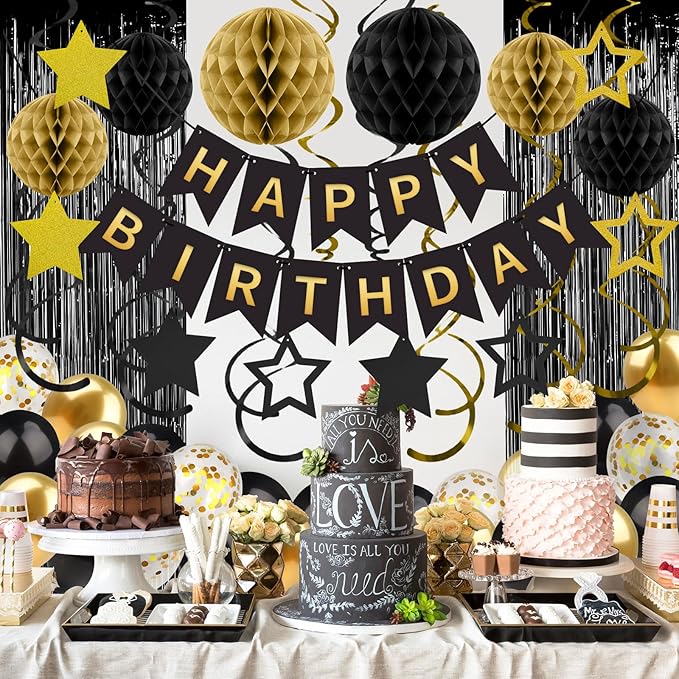 Black Gold Birthday Decorations for Men Women, Recosis Balloons in