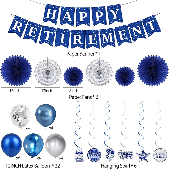 Holkcog Blue Retirement Party Decorations for Women, Silver Blue