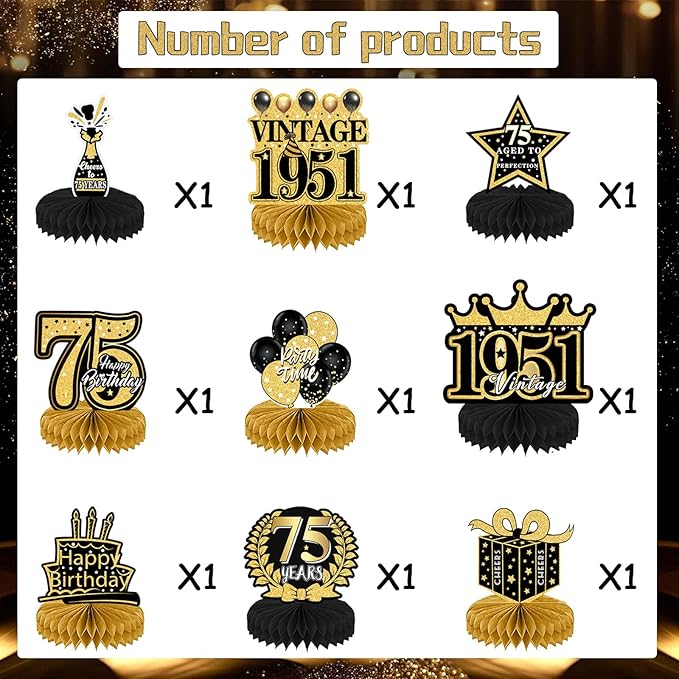 75th Birthday Decorations for Men, 9PCS Black Gold 75th Birthday
