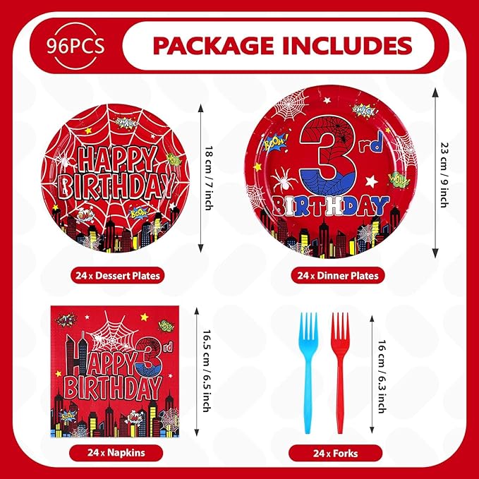 96Pcs Spider 3rd Birthday Decorations for Boys Super Theme Hero 3rd