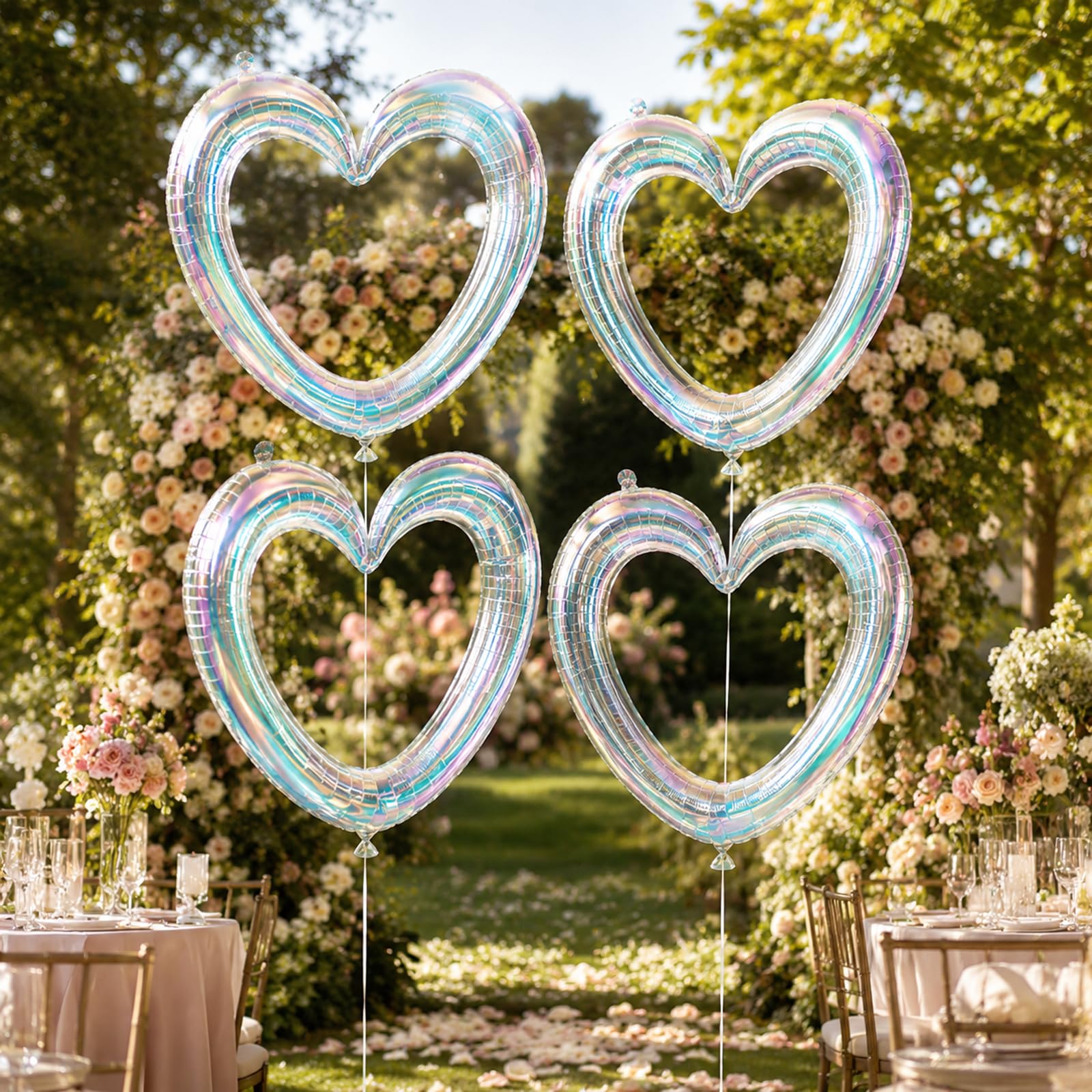 Iridescent Hollow Heart Balloons, 4 Pcs 40 Inch Clear Rainbow