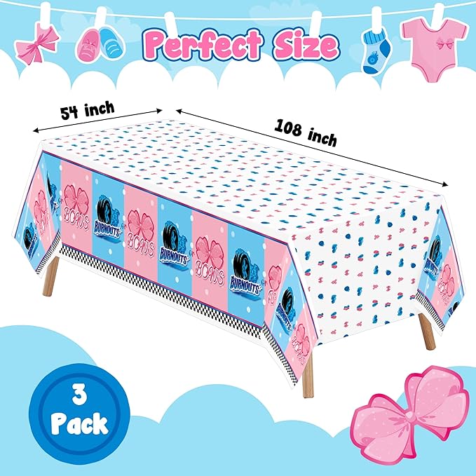 3Pcs Burnouts or Bows Gender Reveal Tablecloth Boy or Girl Plastic