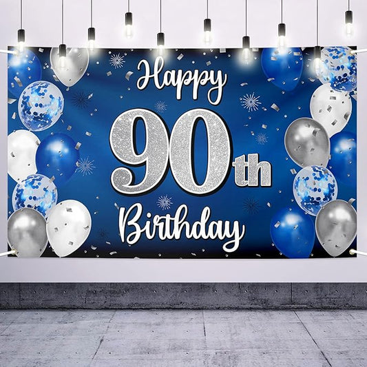 Happy 90th Birthday Decorations 90th Blue & Silver Balloon Large