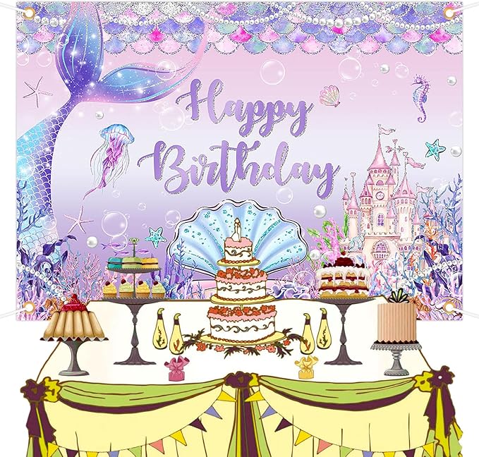 Mermaid Birthday Banner Under The Sea Backdrop for Girls Party