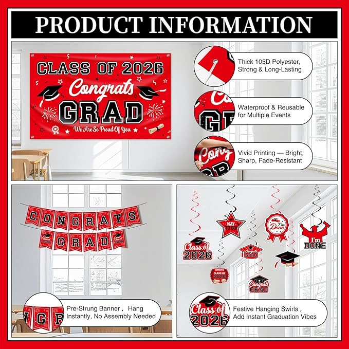 Graduation Decorations Red and Black Party Decor Set include Congrats