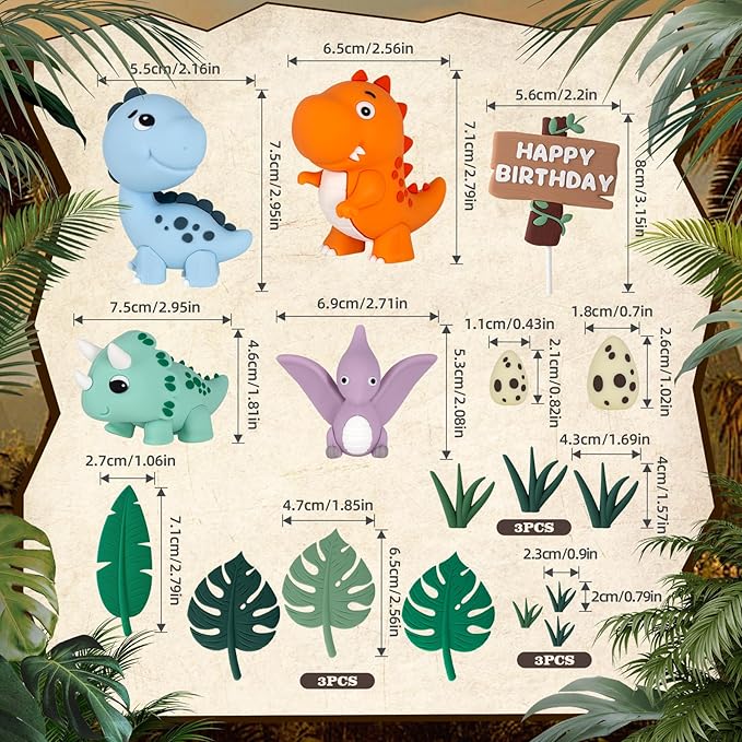 17PCS Dinosaur Cake Topper Dinosaur Eggs Leaves Grasses Cake