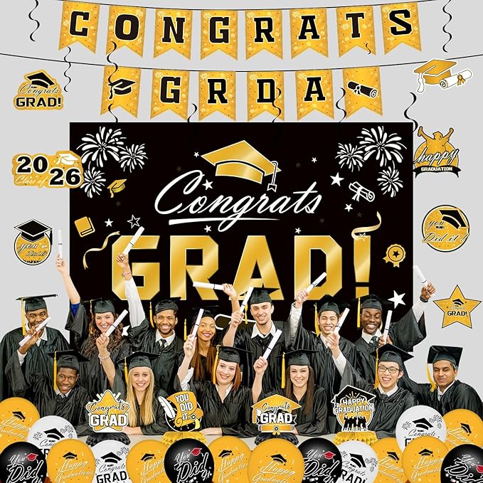 Graduation Decorations 2026 Set - Gold Themed Congrats Grad Banner,