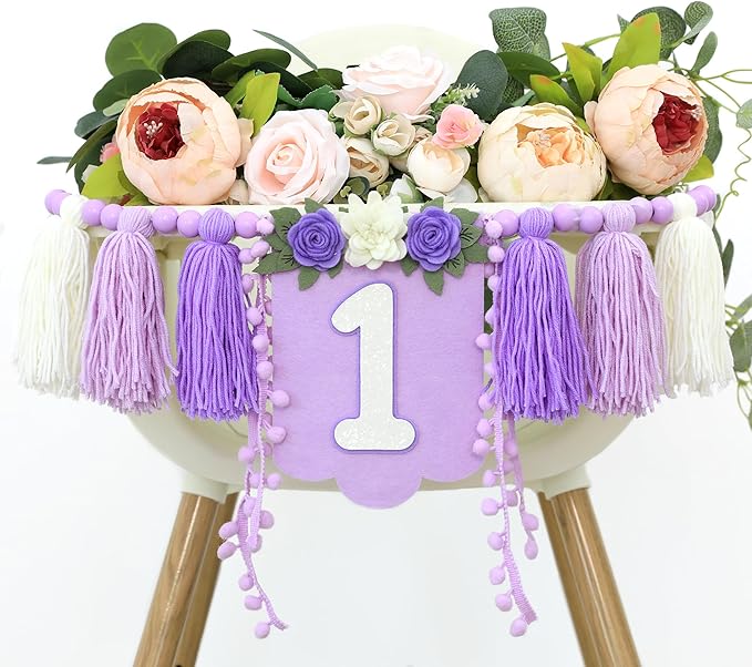 Handmade Wildflower 1st Birthday HighChair Banner Purple White Party