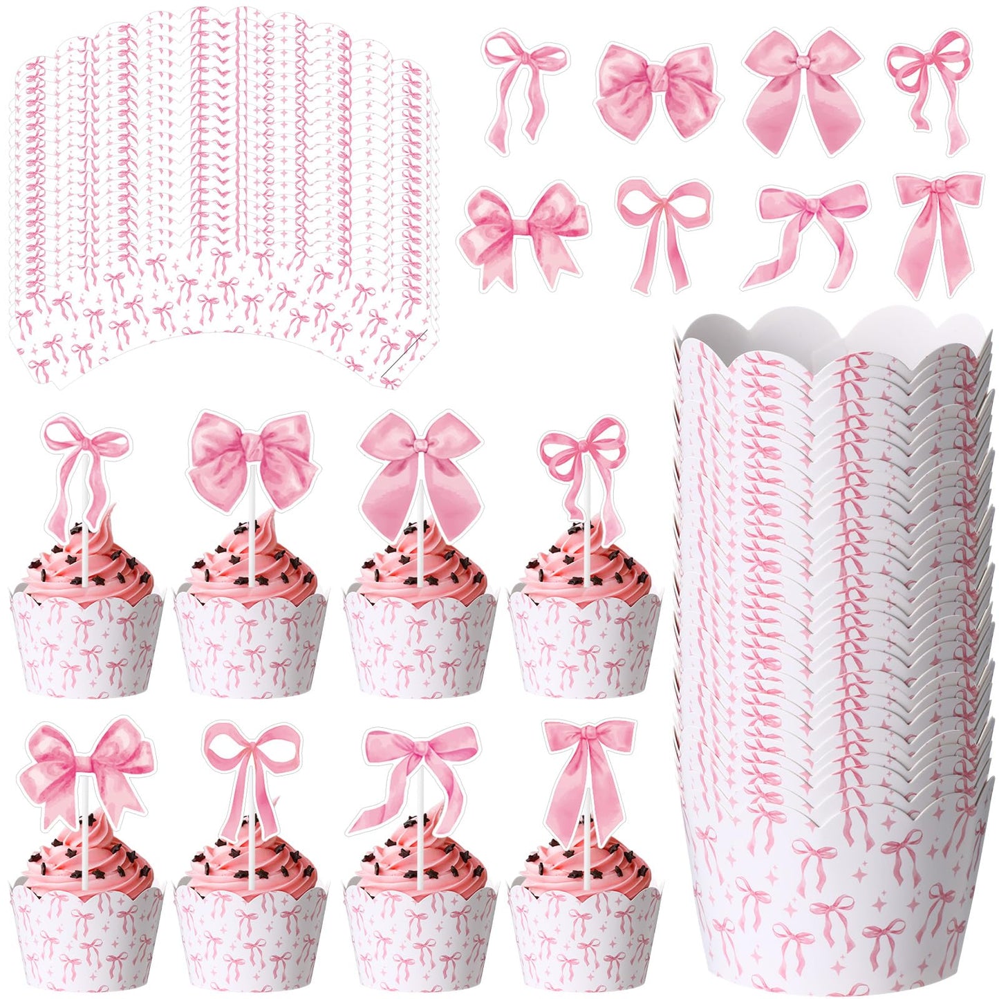 Widecook 96 Pcs Pink Bow Cupcake Toppers and Wrappers Coquette Bow