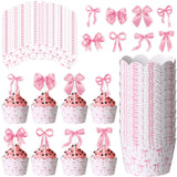 Widecook 96 Pcs Pink Bow Cupcake Toppers and Wrappers Coquette Bow