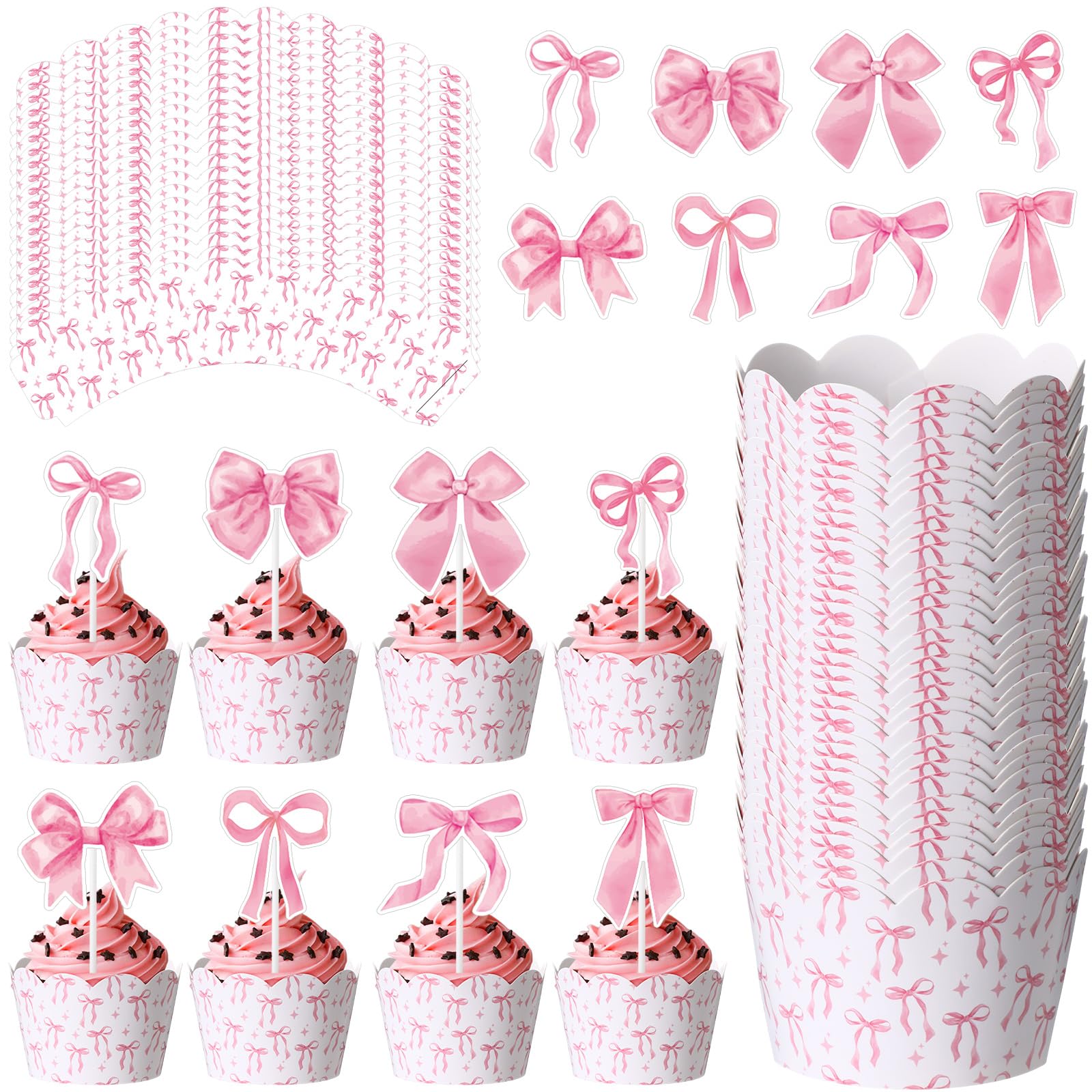 Widecook 96 Pcs Pink Bow Cupcake Toppers and Wrappers Coquette Bow