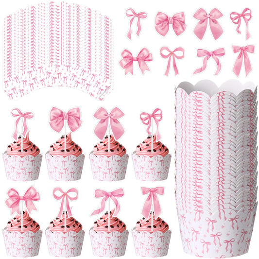 Widecook 96 Pcs Pink Bow Cupcake Toppers and Wrappers Coquette Bow