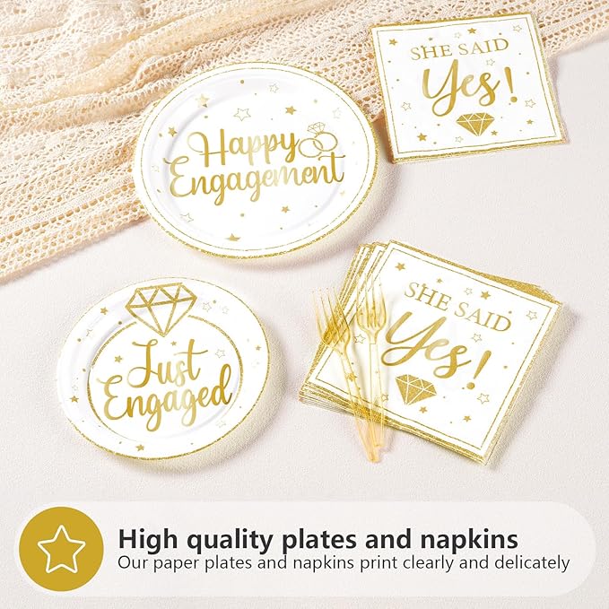 96Pcs Happy Engagement Party Supplies Gold Just Engaged Plates and
