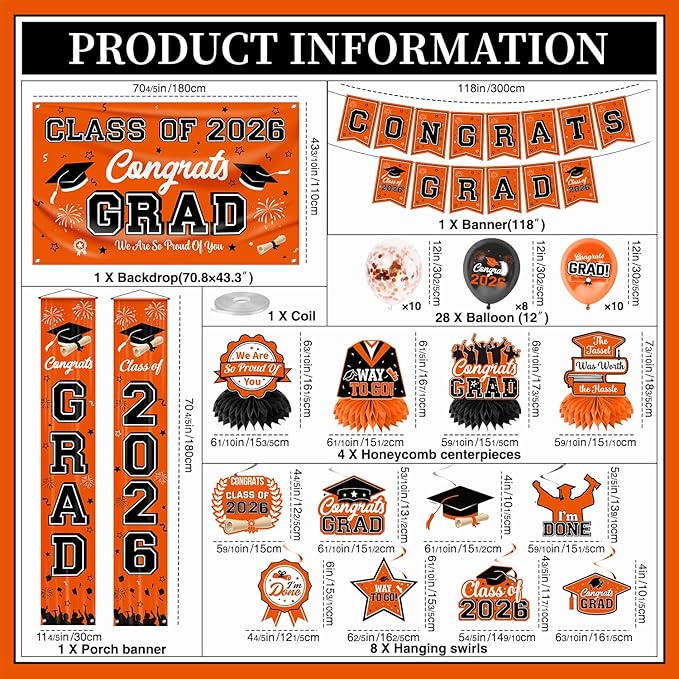 Graduation Decorations 2026 Orange Graduation Party Decor Set include
