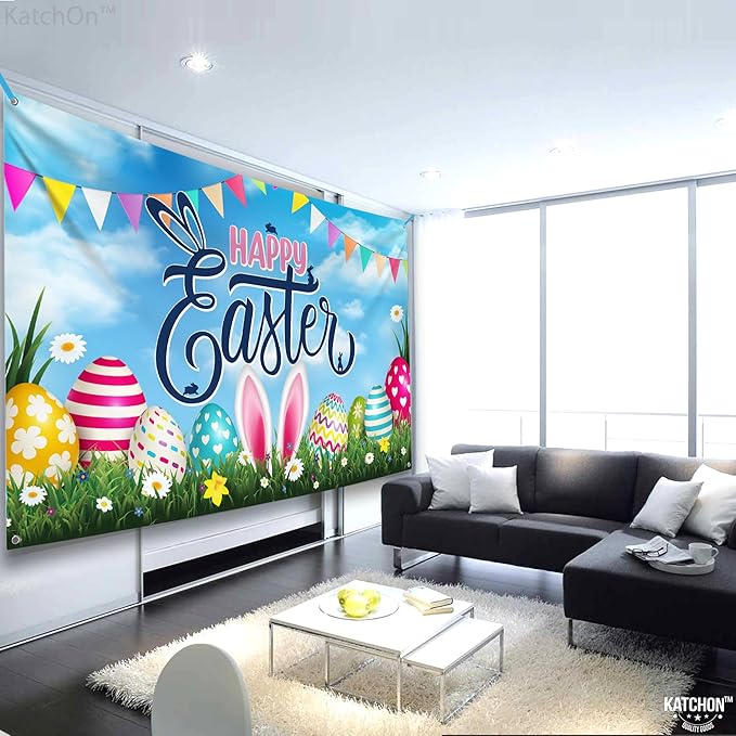 Large Happy Easter Banner 72x44 Inch Colorful Easter Eggs & Bunny