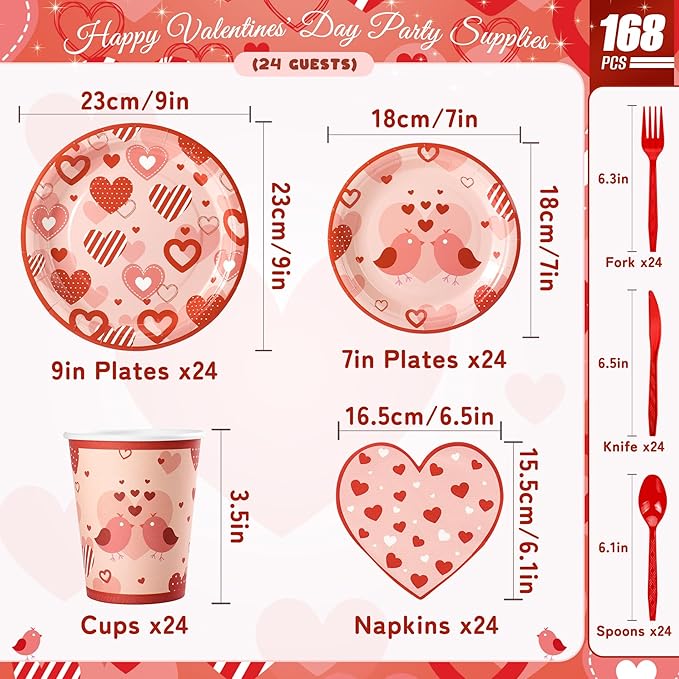 168PCS Red Love Heart Party Supplies for Valentines Galentines