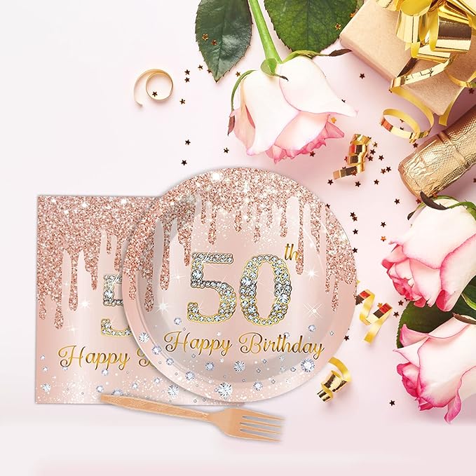 96 Pieces 50th Birthday Tableware Set for Pink Rose Gold 50th