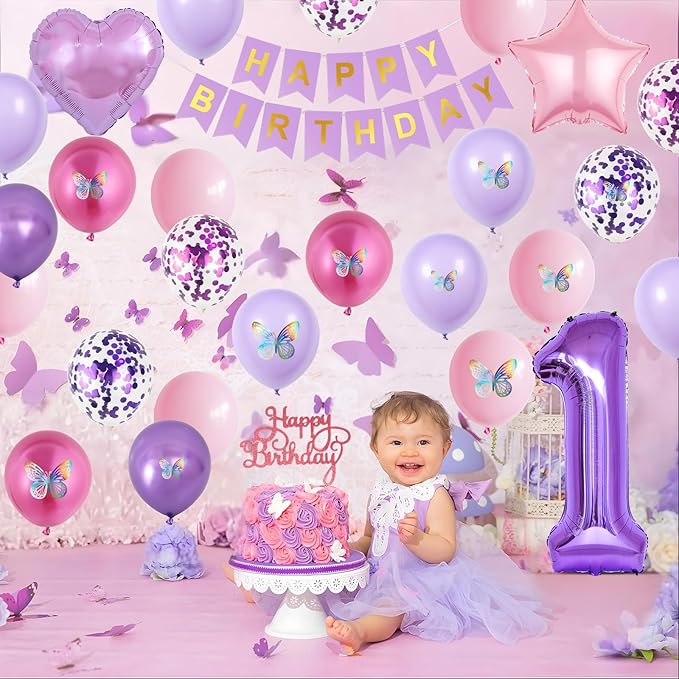 1st Birthday Decoration for Girls,Pink Purple 1st Birthday Balloon
