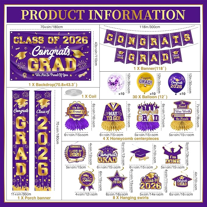 Graduation Decorations 2026 Purple and Gold Graduation Party Decor