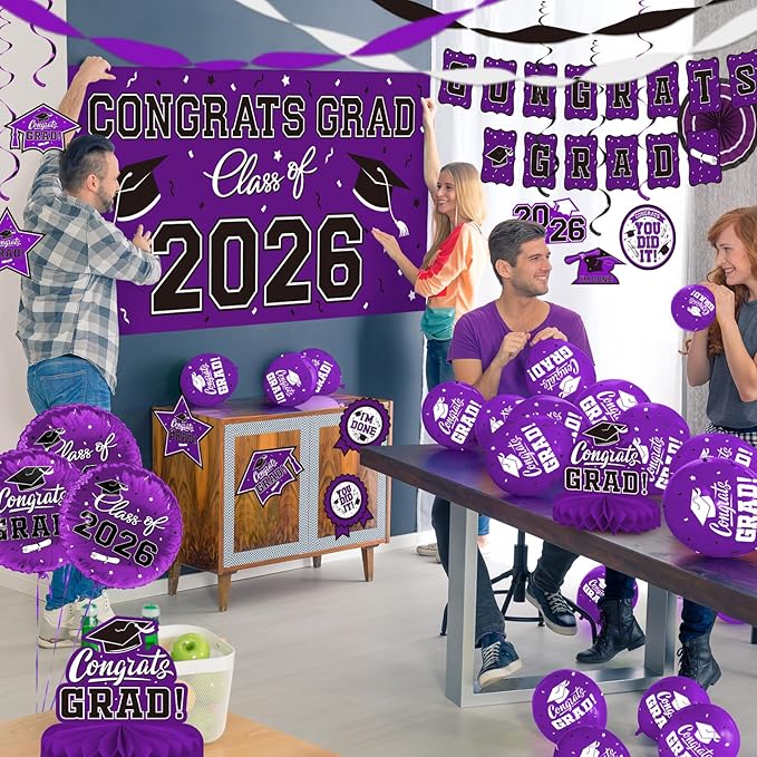 Purple Themed 2026 Graduation Decorations Set - Congrats Grad Banner,
