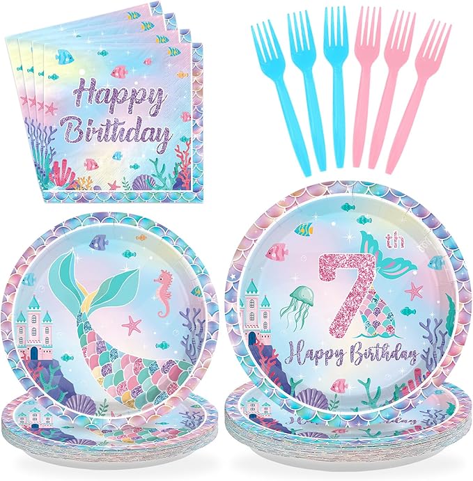 Grencian 96Pcs Mermaid Birthday Party Decorations Mermaid 7th