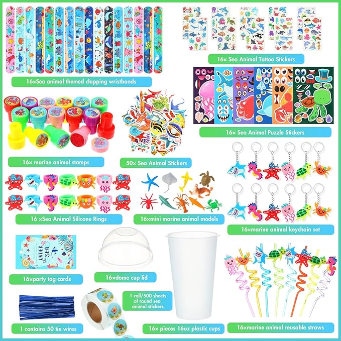 172 Pcs Under the Sea Party Favors Set Include Cup Straw Stamp Clap