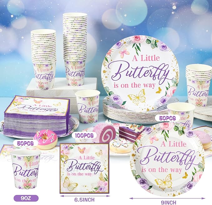 200 Pcs Butterfly Baby Shower Paper Plates Napkins Cups Girl Shower