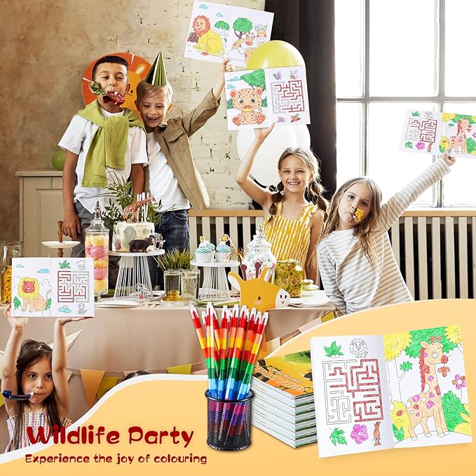 12 Jungle Safari Mini Coloring Books Kids with 12 Stacking Crayons