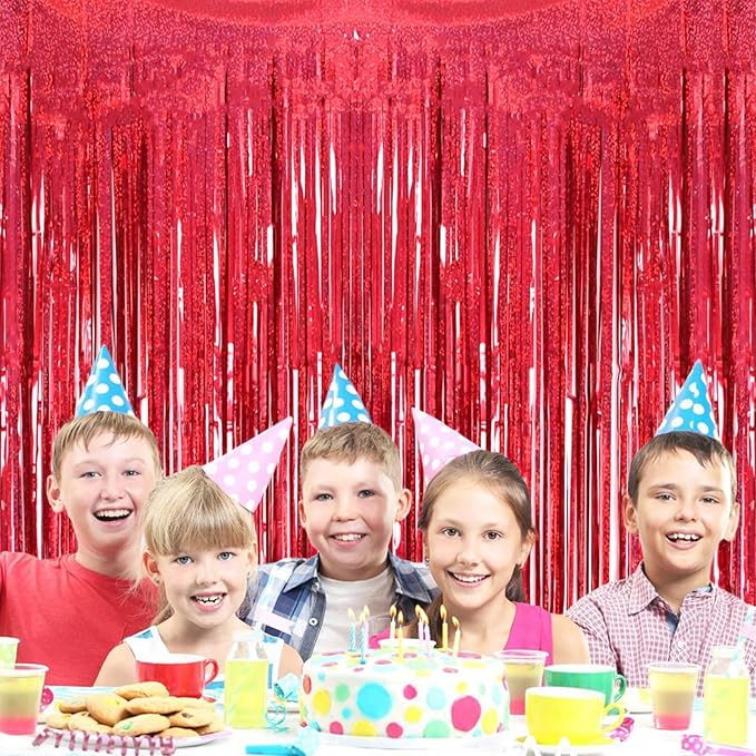 2 Pack 3.2ft x 8.2ft Red Foil Fringe Curtain, Glitter Metallic Tinsel
