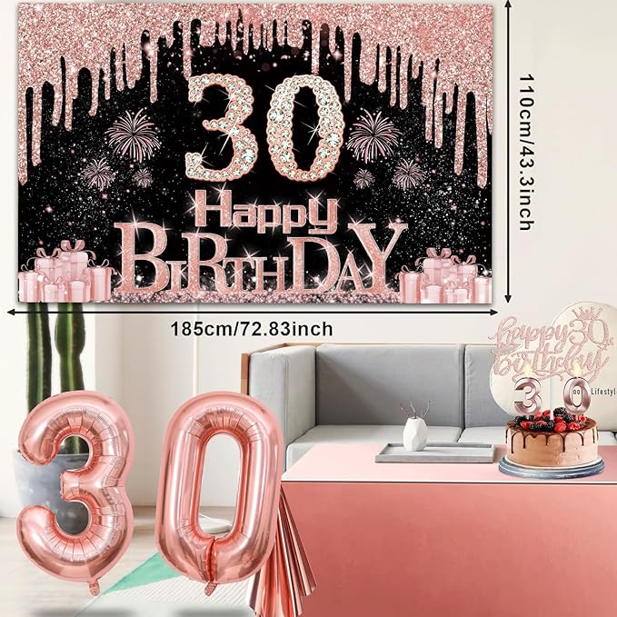 30th Birthday Decorations for Her with Banner Rose Gold Tablecloth