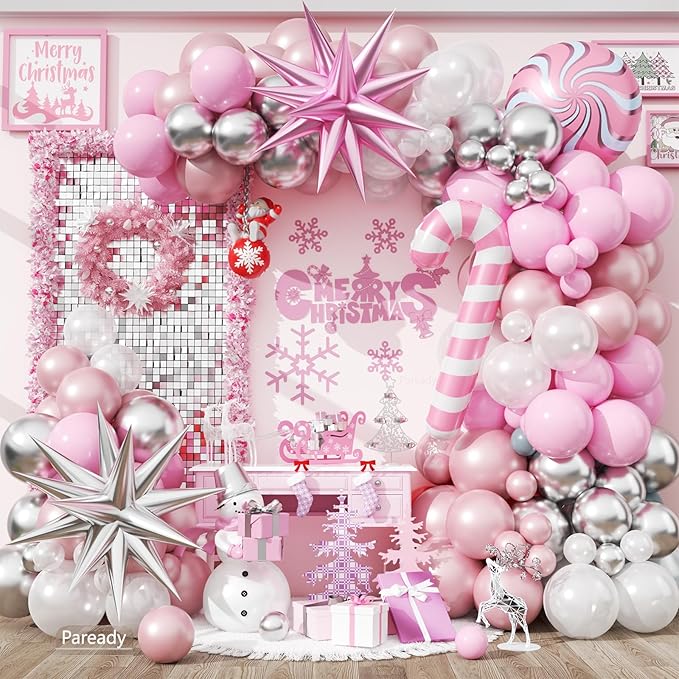 Christmas Balloon Arch Kit Pink and White Silver Balloons Garland
