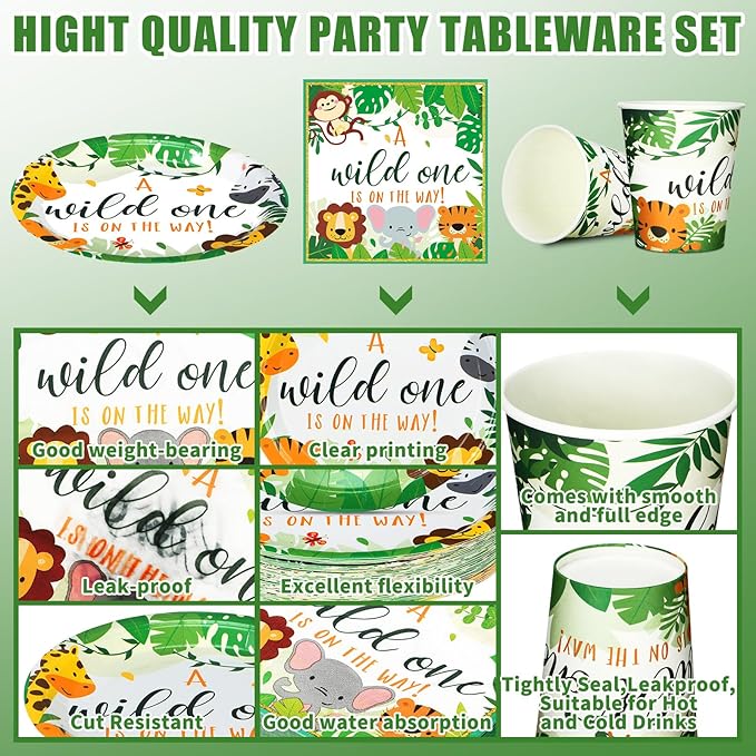 200 Pcs Jungle Safari Baby Shower Paper Plates Napkins Cups Baby