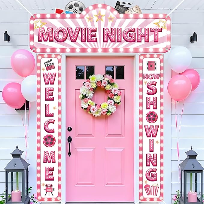 3Pcs Pink Movie Night Porch Banner Decoration Movie Theme Party