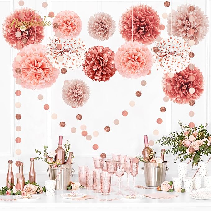 Rose Gold Wedding Decorations 15 PCS Tissue Paper Pom Poms for