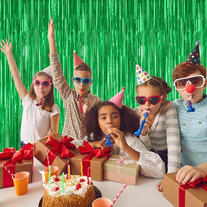 4 Pack Green Streamers, 3.28 FT x 7.05 FT Birthday Tinsel Backdrop,