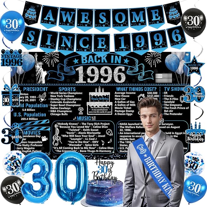 30th Birthday Decorations for Men 20PCS Black Blue Back in 1996