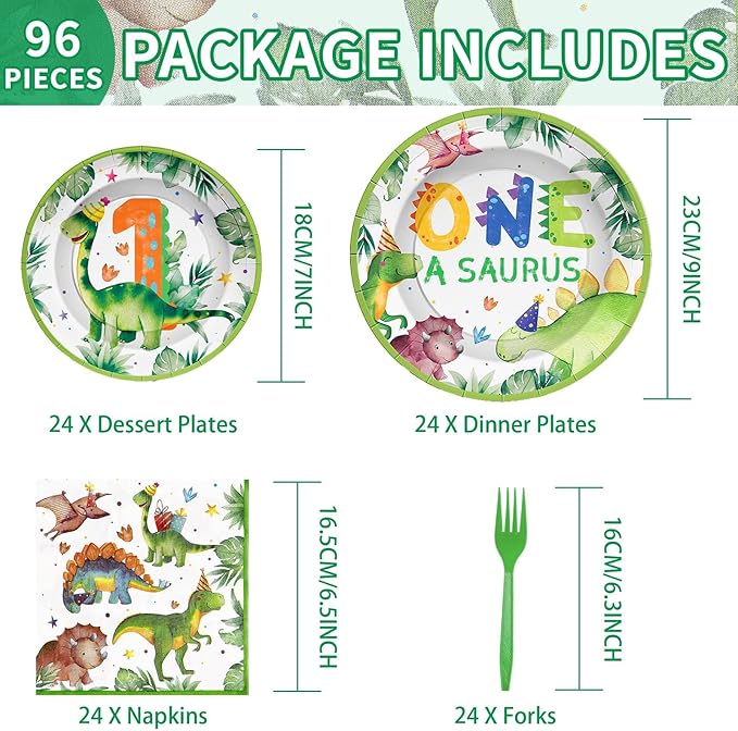 96Pcs Dinosaur 1st Birthday Decorations Cartoon Dinosaurs Plates and
