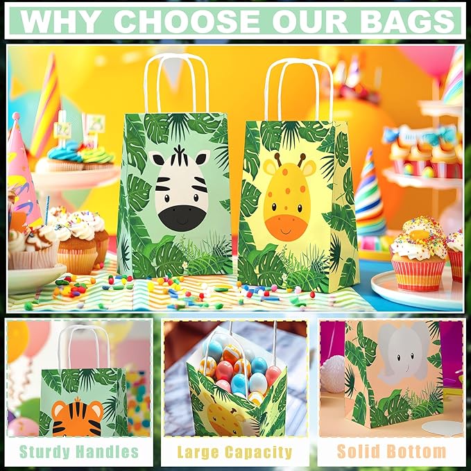 24 Pack Safari Party Favor Bags for Kids Jungle Goodie Bags with